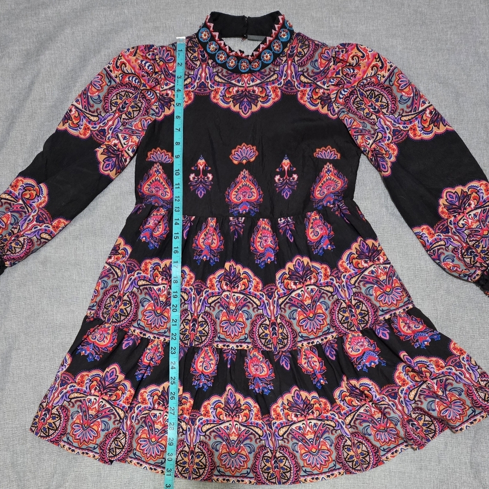 Anthropologie Boho Paisley Print Mock Neck Long Sleeve Mini Dress Size 0P - Picture 14 of 16